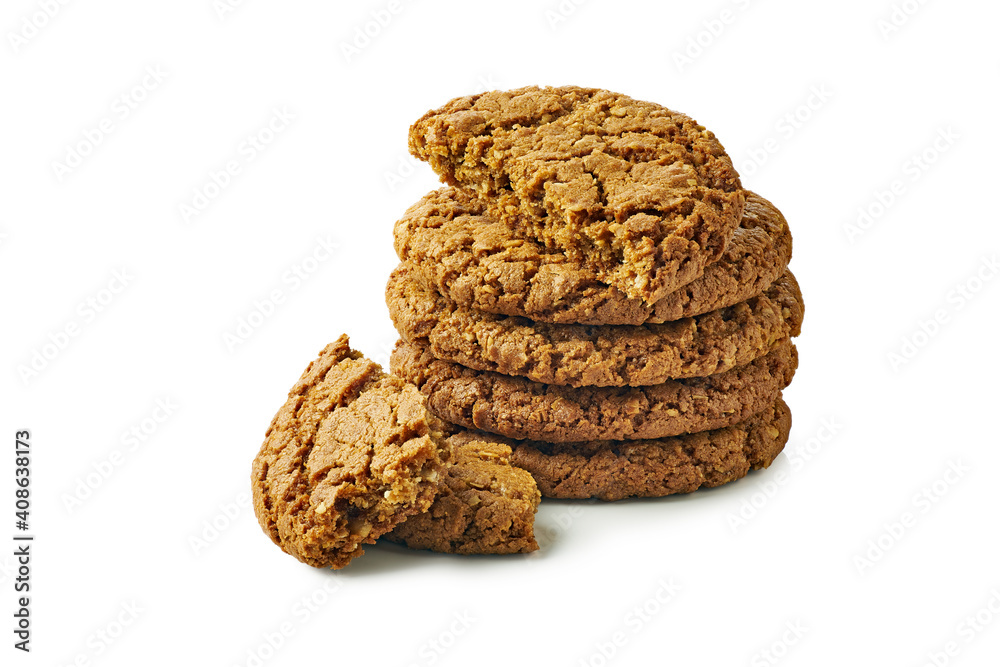 Stack of oatmeal cookies with crumbs on white Stack of oatmeal cookies with crumbs on white