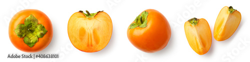 Fresh whole, half and sliced persimmon fruit isolated on white background photo