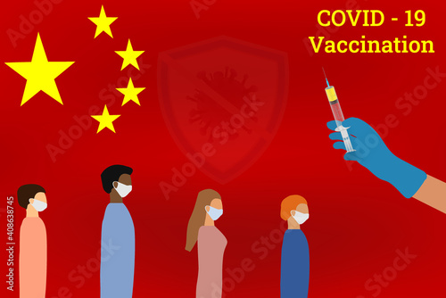 China flag background.Time to vaccinate.People stand in a queue for Covid-19 vaccination.Horizontal web banner with hand holding medical syringe.Disease prevention Covid - 19.Stock vector illustration