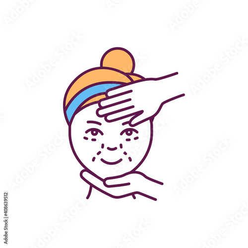Facial contouring procedure RGB color icon. Dermal fillers. Enhancing cheekbones. Treating double chin. Maintenance injections. Reducing sagging skin around neck. Isolated vector illustration