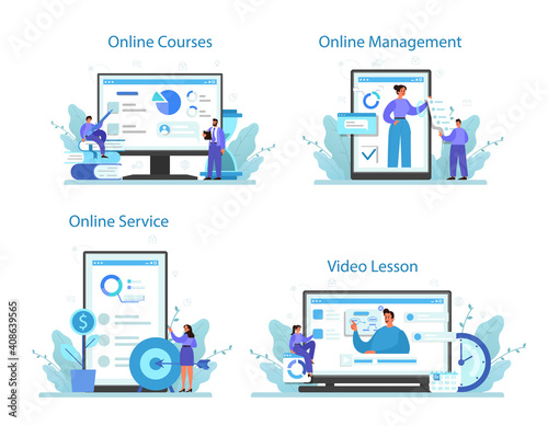 Business top management online service or platform set. Successful strategy