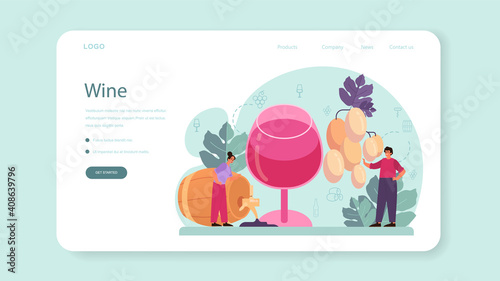 Wine web banner or landing page. Grape wine in a bottle
