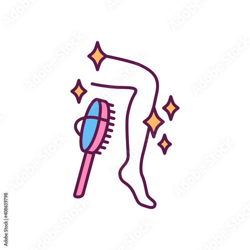 Dry brushing RGB color icon. Exfoliating winter skin. Increasing blood circulation. Cell regeneration. Unclogging pores. Nervous system stimulation. Cellulite reduction. Isolated vector illustration