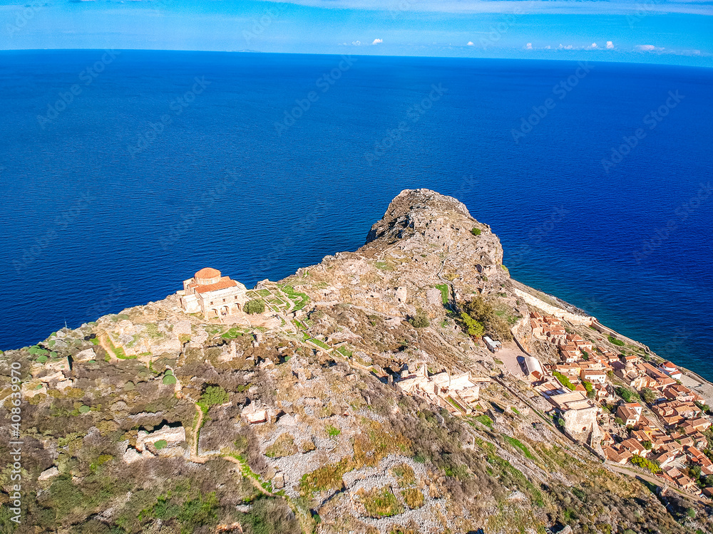 Aerial view of the old medieval castle town of Monemvasia in Lakonia of Peloponnese, Greece. Often called 