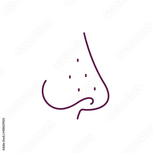 Blackheads on nose RGB color icon. Clogging pores. Removing dirt and dead skin cells. Whiteheads and acnes treatment. Reducing comedones. Sebaceous filaments. Isolated vector illustration