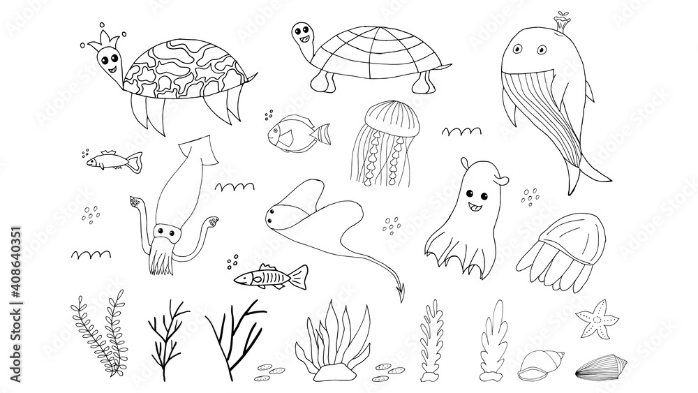 Doodle marine elements. Set of marine hand drawn icons on white background. Vector illustration with random elements. Design for prints and cards.