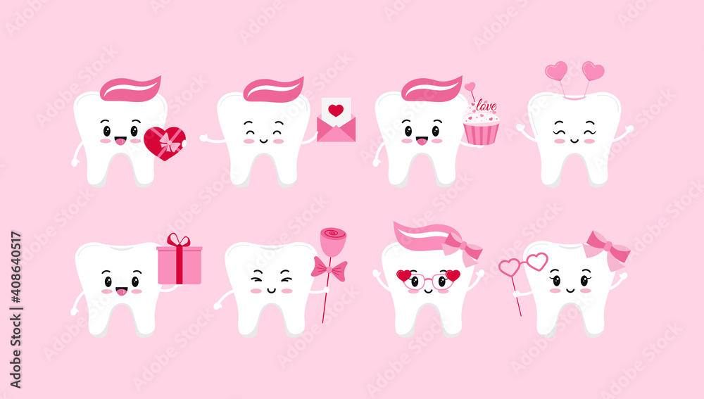 Obraz premium Teeth valentines day dental icon set isolated. Dentist cute white tooth character in love with heart, gift, rose, letter, cupcake, glasses. Flat design cartoon vector dentistry clip art illustration.