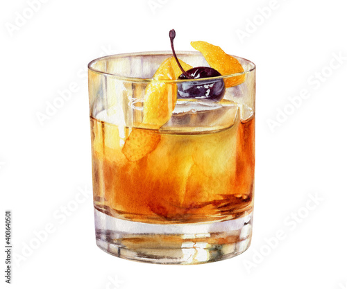 Old Fashioned cocktail in a rocks glass with a Luxardo Cherry watercolor illustration isolated on white background