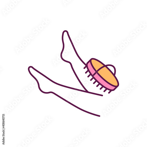 Dry brushing legs RGB color icon. Improving blood circulation. Anti cellulite massager. Dead skin exfoliator. Lymphatic drainage promotion. Increasing energy. Isolated vector illustration