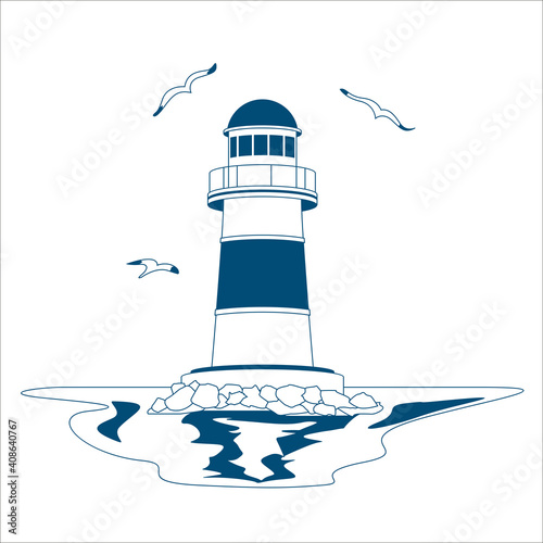 Lighthouse, sketch on a marine theme. Monochrome contour vector illustration isolated on white background. Handwork