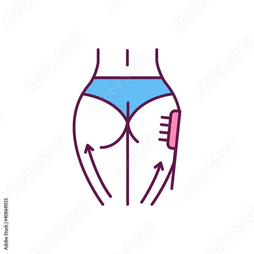 Buttocks lift RGB color icon. Cellulite reducing. Dry body brushing. Anti-aging procedure. Cell regeneration. Stimulating blood circulation. Exfoliating dead skin cells. Isolated vector illustration