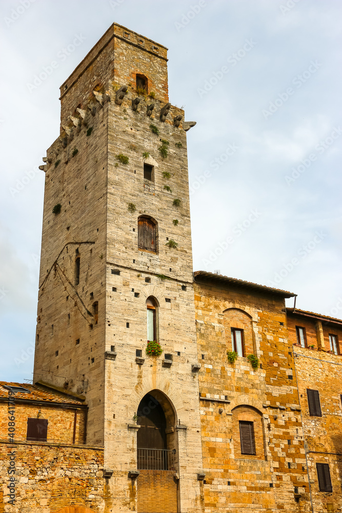 San Gimignano, Italy. View of medieval towers at the central square of San Gimignano.