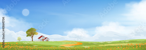 Spring landscape in countryside with farmhous green meadow on hills with blue sky, Vector Summer or Spring landscape, Panoramic village with grass field and wildflowers, Holiday natural background