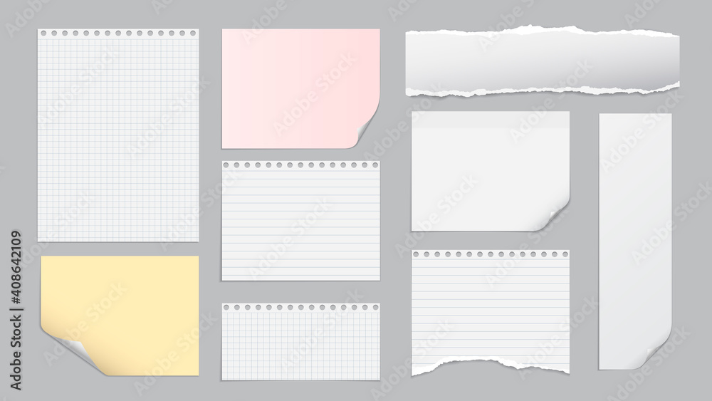 Set of torn white, yellow note, notebook paper pieces stuck on light grey background. Vector illustration Set of torn white, yellow note, notebook paper pieces stuck on light grey background. Vector illustration