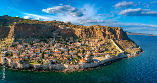 Aerial view of the old medieval castle town of Monemvasia in Lakonia of Peloponnese, Greece. Often called "The Greek Gibraltar"