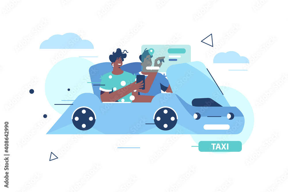 Naklejka premium Modern unmanned taxi service vector illustration. Automated self-driving vehicle system in city. Mobile city transportation concept. Guys passengers in taxicab flat style design. Isolated on white