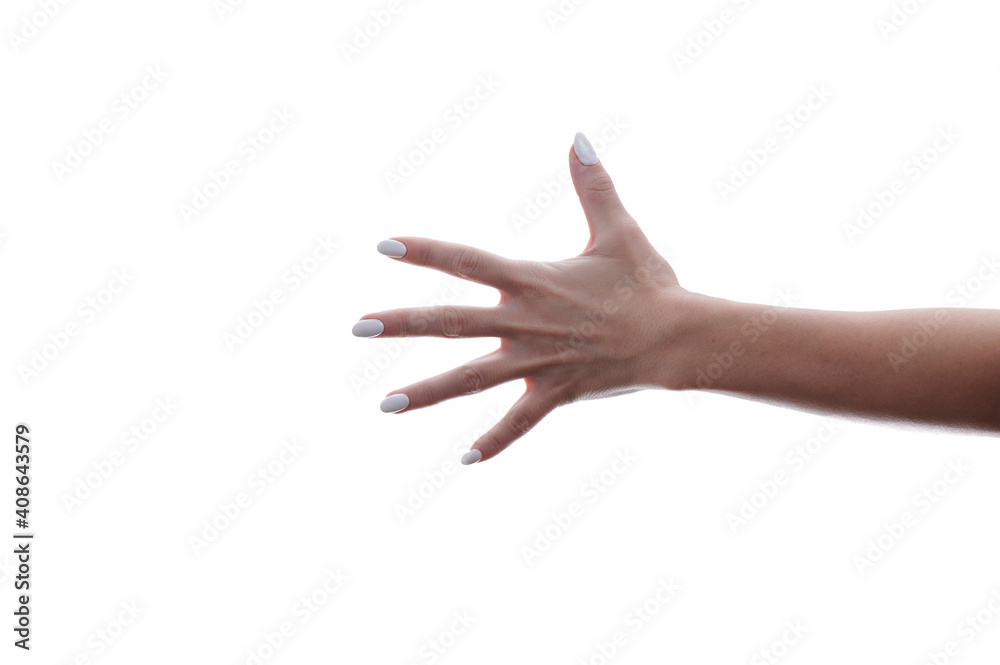 woman's hand showing the number five in isolated white background. 