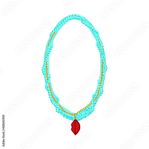 Blue beaded necklace with creative pendants. 3d vector illustration.