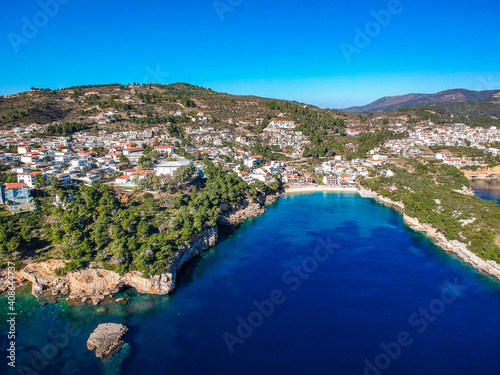 Aerial view over Patitiri town in Alonnisos island, Greece © panosk18