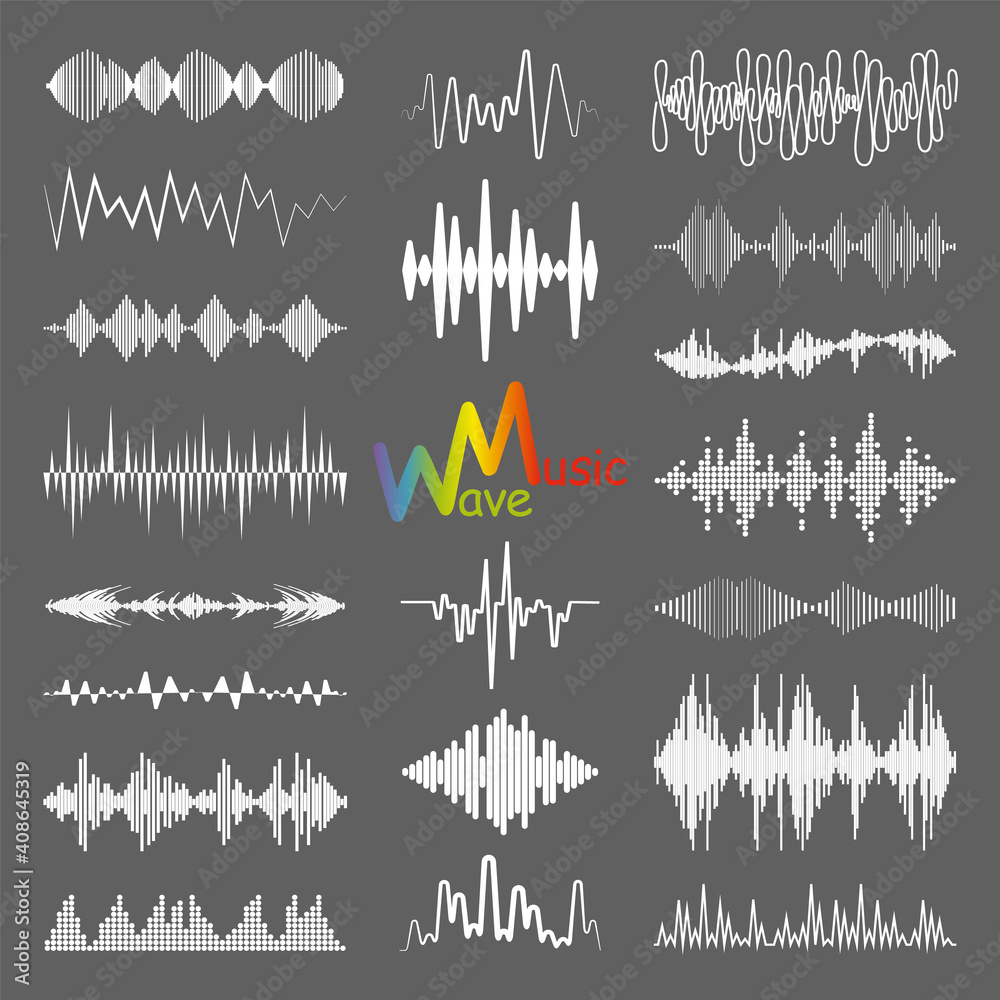 White sound waves logo collection with audio symbols. Modern music equalizer elements set. Digital flat isolated illustration. Jpeg waveform technology
