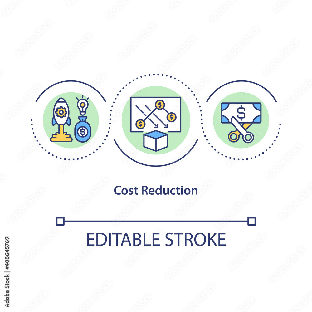 Cost reduction concept icon. Cutting down all product and service prices in your business. Business idea thin line illustration. Vector isolated outline RGB color drawing. Editable stroke