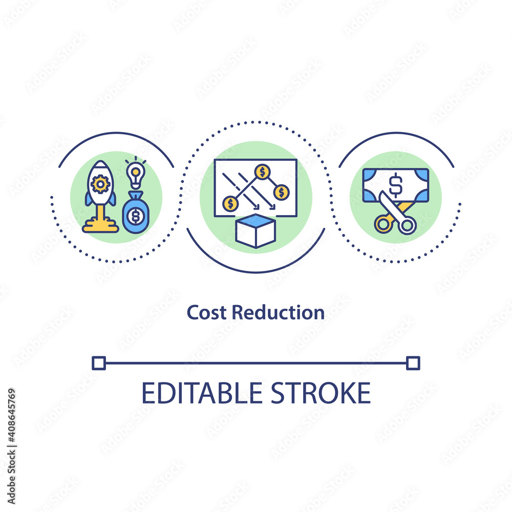 Cost reduction concept icon. Cutting down all product and service prices in your business. Business idea thin line illustration. Vector isolated outline RGB color drawing. Editable stroke Cost reduction concept icon. Cutting down all product and service prices in your business. Business idea thin line illustration. Vector isolated outline RGB color drawing. Editable stroke