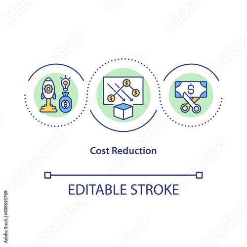 Cost reduction concept icon. Cutting down all product and service prices in your business. Business idea thin line illustration. Vector isolated outline RGB color drawing. Editable stroke