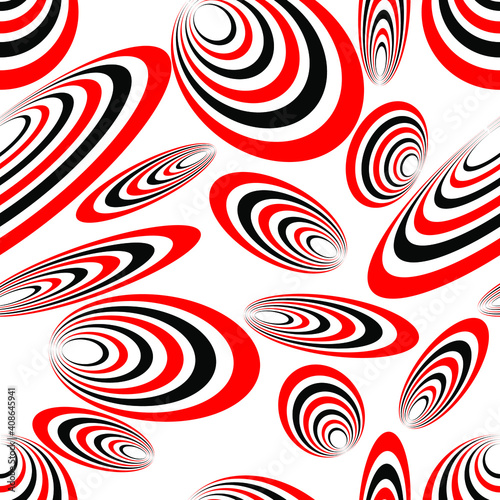 
seamless abstract pattern of red and black eccentric ellipses on white background