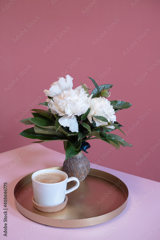 White peonies and fresh coffee White peonies and fresh coffee