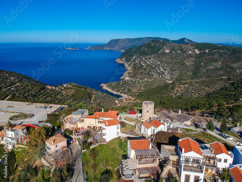 Aerial panoramic view over Chora the beautiful old Village of Alonnisos island, Sporades, Greece
