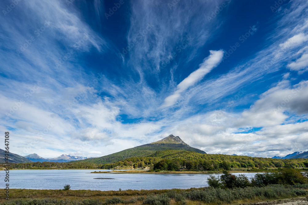 Idyllic shot of Lapataia river against blue sky, Tierra del Fuego National Park, Ushuaia, Patagonia, Argentina Idyllic shot of Lapataia river against blue sky, Tierra del Fuego National Park, Ushuaia, Patagonia, Argentina