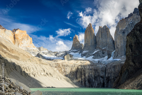 Las Torres viewpoint against sky, Torres del Paine National Park, Patagonia, Chile photo