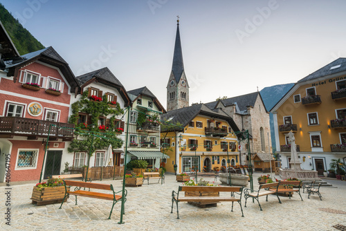 Marketplace Square with tower of Evangelical Parish Church in background, Hallstatt, Austria