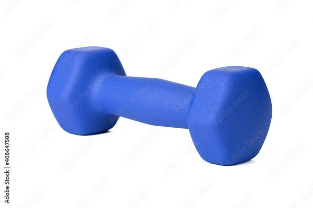 one blue matte dumbbell for sports on a white isolated background
