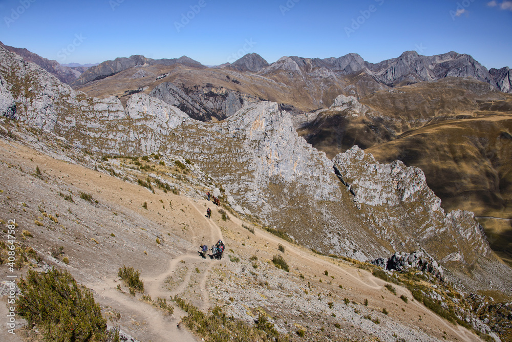 Beautiful view from the top of the Cancanapunta pass on the Cordillera Huayhuash circuit, Ancash, Peru