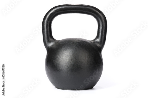 one black metal kettlebell for sports on a white isolated background