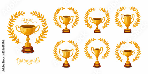 Gold trophy cups with laurel wreaths. Trophy award cups set with different shapes - 1st place winner trophies. Cartoon style vector illustration