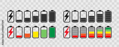 Battery icon set .  Collection of charge battery level indicators. Charge indicator , vector illustration. Smartphone accumulator.