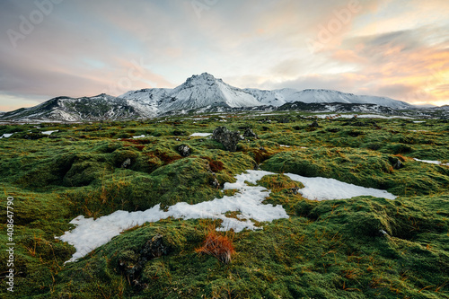 Snowy mountain peaks in winter photo