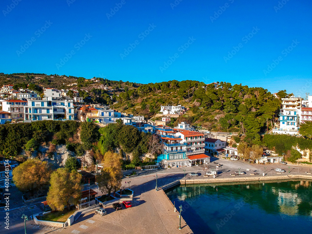 Aerial view over Patitiri town in Alonnisos island, Greece
