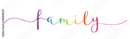 FAMILY vector rainbow gradient brush calligraphy banner with swashes isolated on white background