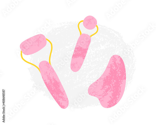 Gemstone quartz Gua-sha scrapers, rollers set. Natural beauty routine, skin care tools for facial massage.
