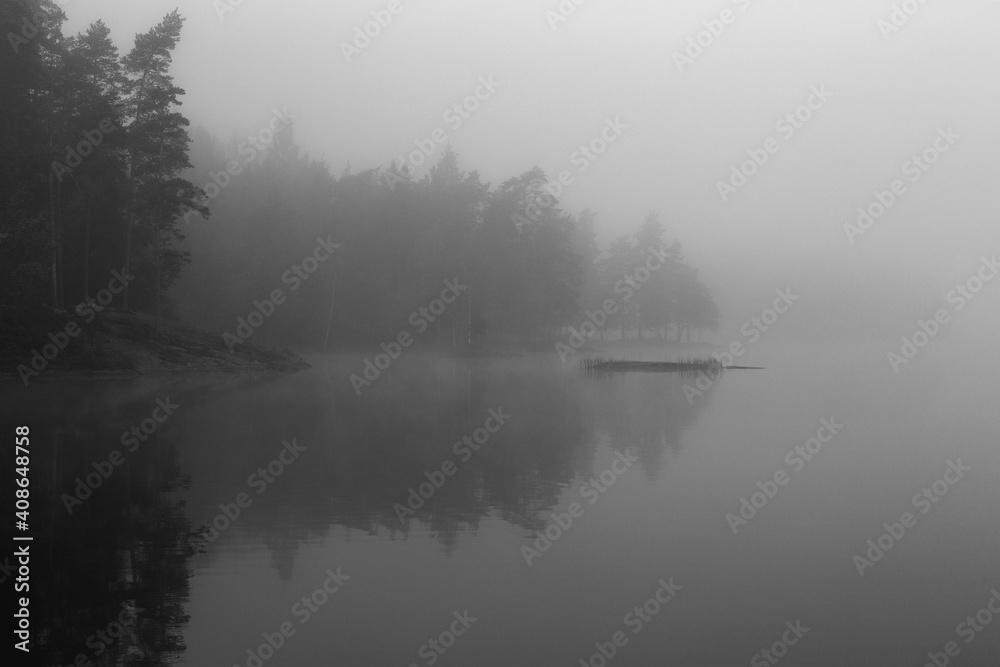 Fototapeta premium Tranquility and silence in black and white. Landscape scenery on a foggy morning. Image has some noise effect applied.