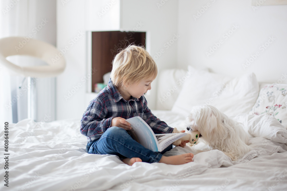 Cute toddler child and puppy dog, lying on the bed, reading book together, family time Cute toddler child and puppy dog, lying on the bed, reading book together, family time