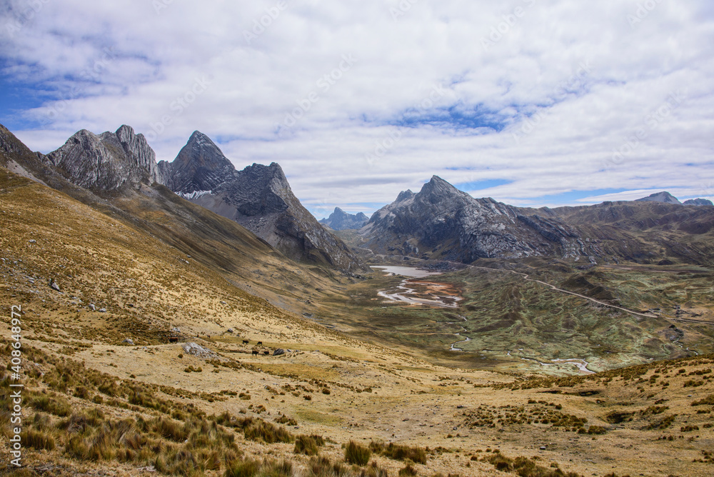 Aerial view of the Quebrada Aguas Calientes and Cancanapunta pass on the Cordillera Huayhuash circuit, Ancash, Peru Aerial view of the Quebrada Aguas Calientes and Cancanapunta pass on the Cordillera Huayhuash circuit, Ancash, Peru