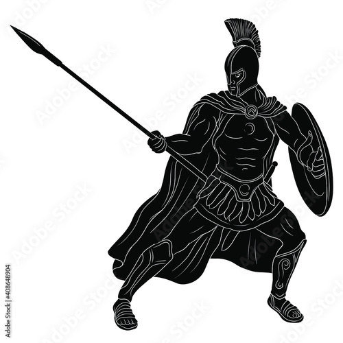 Ancient Roman warrior legionary with a spear and shield in his hands is standing ready to attack. Vector illustration isolated on white background.