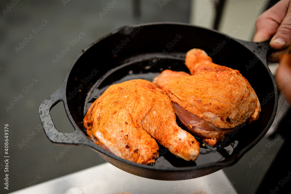frying pan fried chicken with marinade on