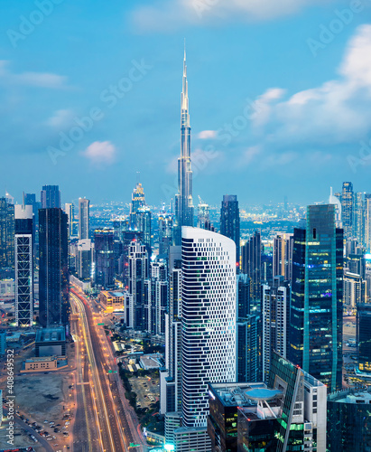 Dubai - amazing city center skyline with luxury skyscrapers and beautiful sky at sunrise, United Arab Emirates 