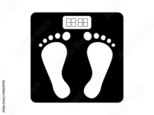 Bathroom scales with foot prints icon. Black object weight control with seat and electronic dial measuring overweight and fitness fight against vector obesity.