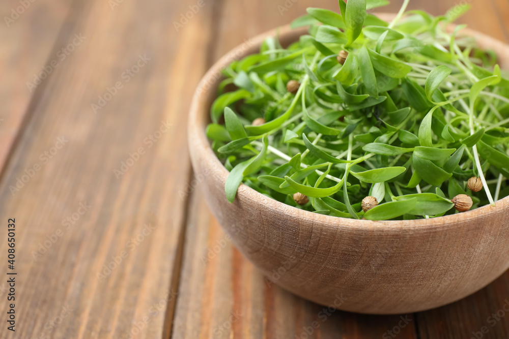 Bowl with fresh microgreen on wooden table, closeup. Space for text Bowl with fresh microgreen on wooden table, closeup. Space for text